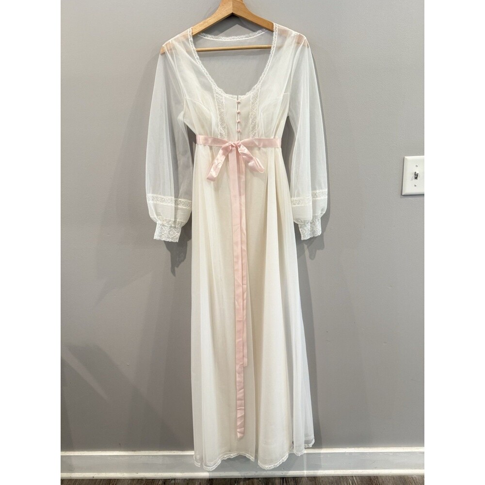 VTG Vanity Fair Peignoir Robe Nightgown Set Ivory Lace Pink Ribbon Bridal 34